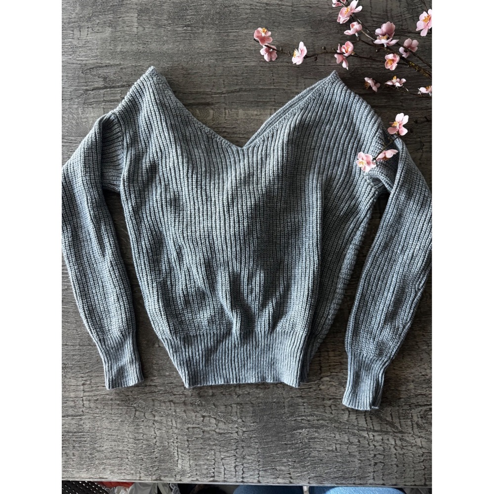 Twist Back Chunky Ribbed Sweater Gray V Neck Slouchy Knit M